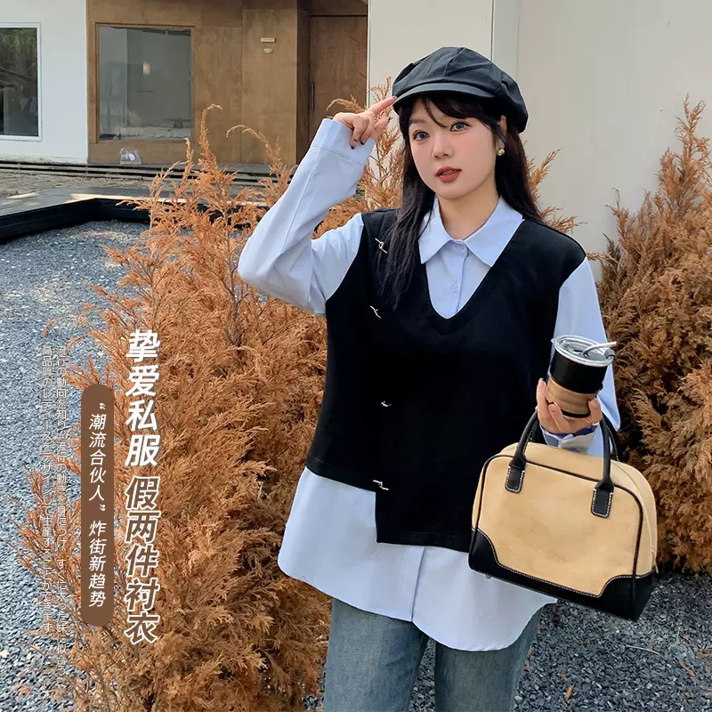 双天大码胖妹妹显瘦设计感假两件套马甲衬衫女Polo领长袖上衣8693
