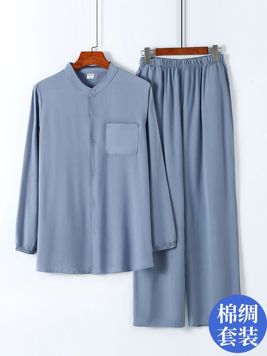 Летний хлопковый шелковый кардиган с длинными рукавами, брючный костюм для среднего и пожилого возраста, хлопковый шелковый топ для папы, летний костюм из искусственного хлопка для дедушки