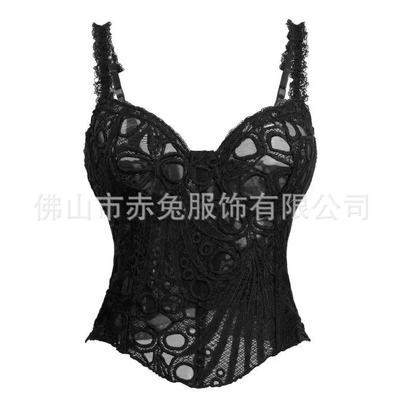Cross-Border European and American High-Quality Fishbone Bra Sexy Lace Embroidery Sling Rhombus Navel-Baring See-Through Hot Girl Shapewear