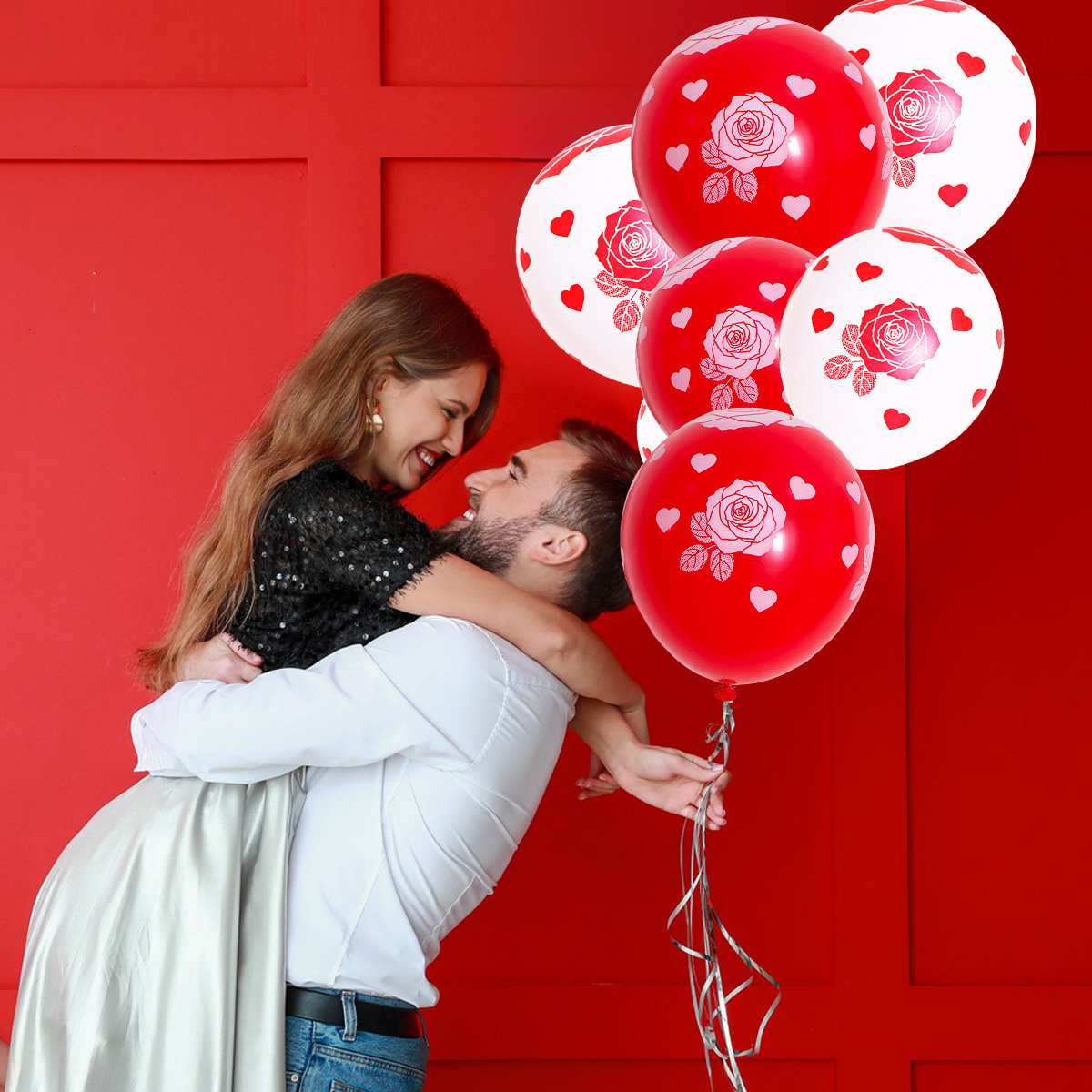 Nuevo 25 años de globo de látex del día de San Valentín decoración de bodas de 12 pulgadas flores rojas y blancas en forma de corazón globo de látex al por mayor
