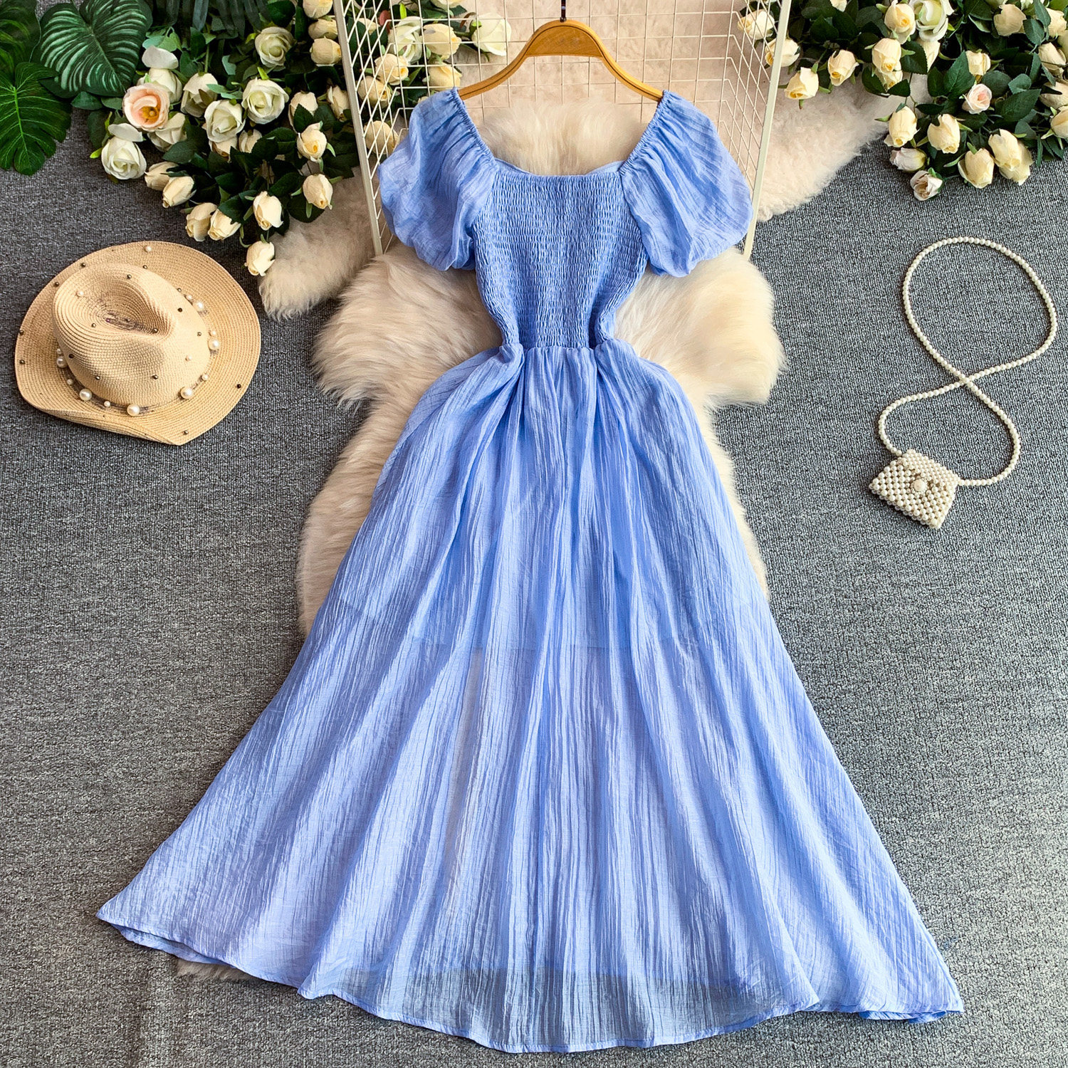 Women's French Style Elegant Square Neck Puff Sleeve Dress Casual Slit Long Skirt Pleated Waist Slimming Summer Style_ecoleips.com