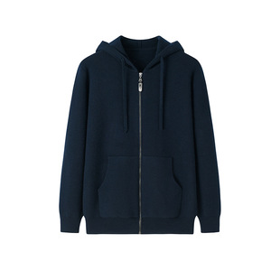 Inner Mongolia Autumn and Winter New Cashmere Hooded Cardigan Men's 40 Velvet Pure Color Zipper with Pocket Thickeneded Knitted Jacket