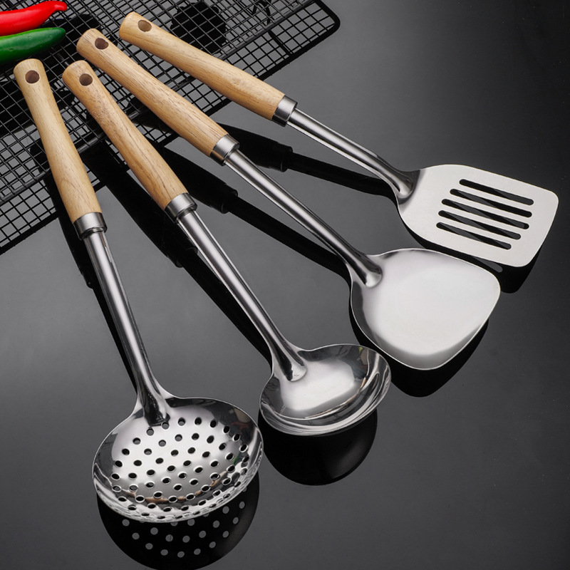 304不锈钢锅铲厨具套装耐高温炒菜铲子家用汤勺漏勺木柄厨房用品