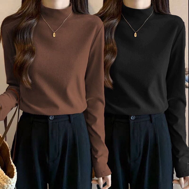 Thickened Double-Sided Fleece Half-High Collar Solid Color Base Shirt Women's Inner Long Sleeve Shirt for Autumn and Winter Black Top Thickened Double-Sided Fleece Half-High Collar Solid Color Base Shirt Women's Inner Long Sleeve Shirt for Autumn and Winter Black Top