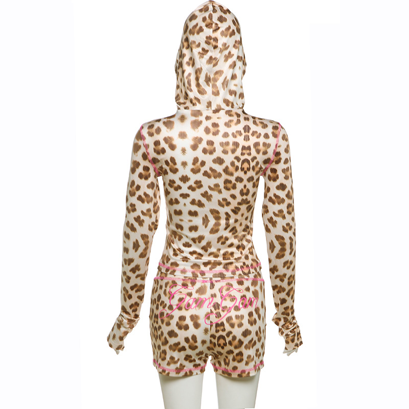 Spring Casual Leopard Print Slim Fit Hood Zipper Top High Waist Shorts Set Women