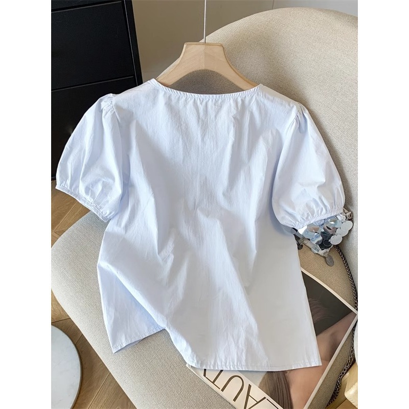 Áo sơ mi nữ tay bồng cổ tròn phong cách Hàn Quốc, dáng rộng xếp ly tôn dáng mùa hè — Màu xanh lam nhạt