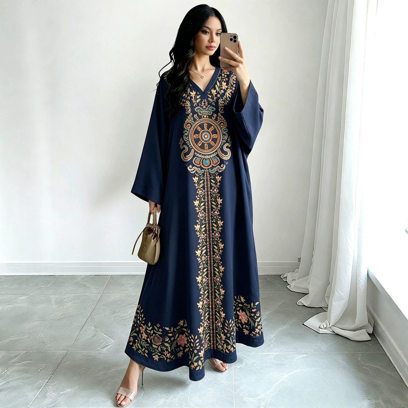 Ships within 48 hours---Cross-border fashion casual V-neck long dress with plant and floral print Ships within 48 hours---Cross-border fashion casual V-neck long dress with plant and floral print