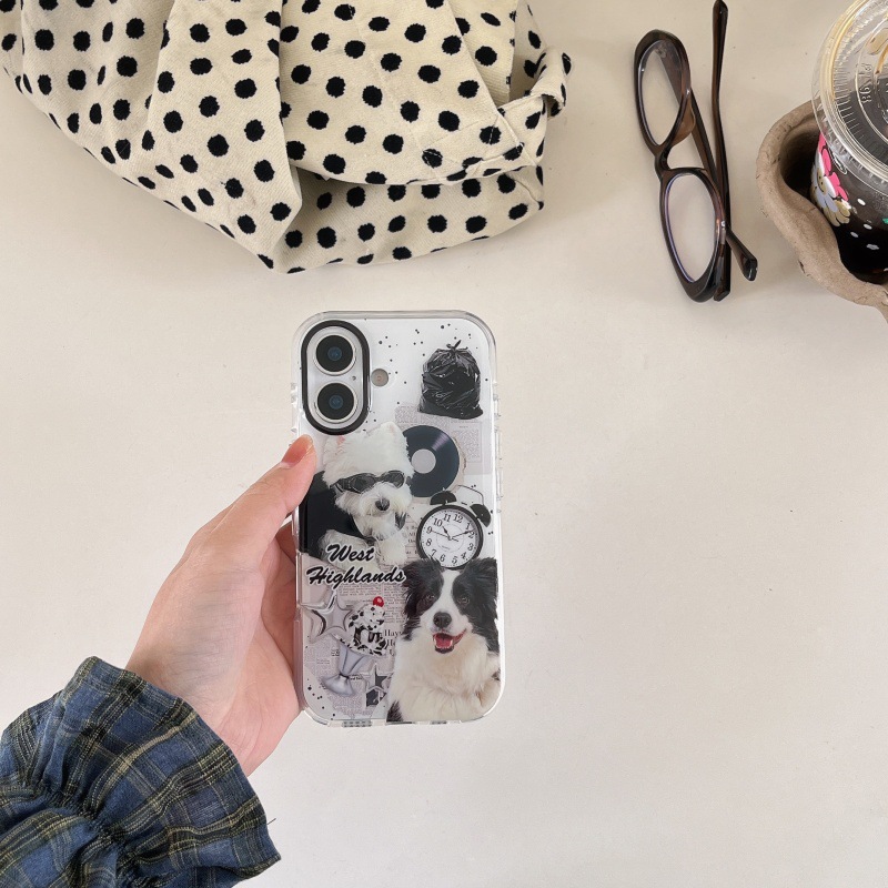 Periódico en blanco y negro retro cachorro para Apple 15ProMax funda para teléfono móvil 16Pro Diversión 14/13 Pareja 16PM