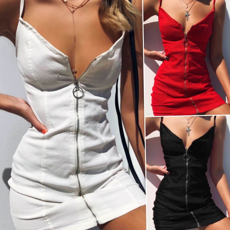 Amazon European and American Style Ring Zipper Bodycon Sexy Strap Dress 2024 Summer New Women's Short-Sleeve Tight-Fitting Dress