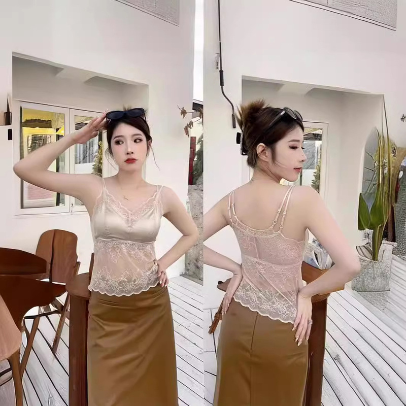 TikTok Same Style Lace Satin Vest Sexy Lingerie Lace Sling All-match Chest Wrapping Slimming Satin Tube Top Beautiful Back
