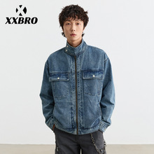 xxbro男装#美式复古工装牛仔外套男士秋季cleanfit高级感机车夹克