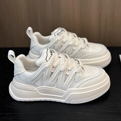 厚底真皮小白鞋女2024新款透氣網面百搭休閒潮鞋增高運動銀色板鞋