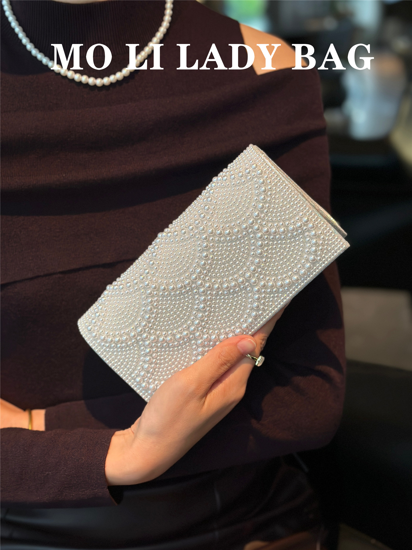 Bolso de Mano de Noche con Perlas, Poliéster, Decoración de Perlas y Cadena, para Fiesta de Noche y Bodas image 1