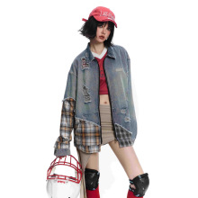 复古格子拼接做旧水洗破洞毛边牛仔外套男上衣夹克潮