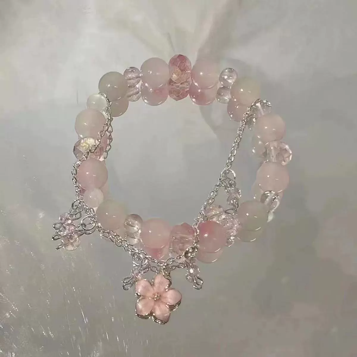 Браслет с бусинами, стиль peach blossom, модный маленький дизайн, 8 см, розовый акцент
