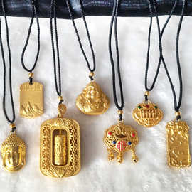 沙金项链佛头观音平安扣转经轮吊坠毛衣链民族风黑绳项坠直播礼品