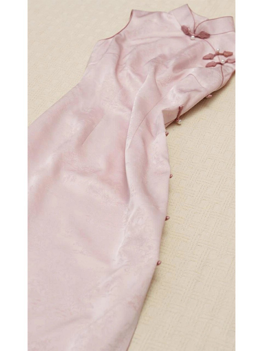 Váy sườn xám cách tân hoa anh đào hồng jacquard khóa cài áo Hán phục mùa hè — Màu hồng chi tiết 4