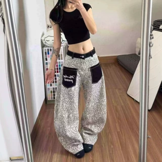 美式复古豹纹高腰阔腿裤女宽松显瘦街头休闲裤撞色口袋弯刀牛仔裤