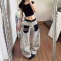 撞色高腰美式显瘦牛仔裤