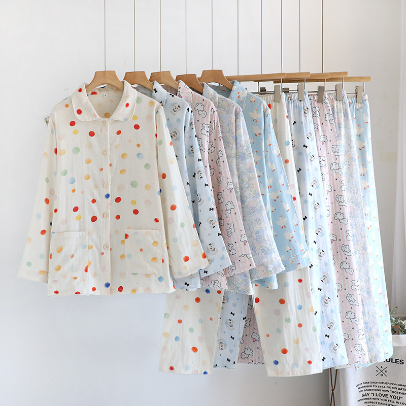New Pure Cotton Women's Home Wear Double-Layer Gauze Can Be Worn Outside Cotton Gauze Long-Sleeved Digital Printing Spring, Autumn and Summer Pajamas Set New Pure Cotton Women's Home Wear Double-Layer Gauze Can Be Worn Outside Cotton Gauze Long-Sleeved Digital Printing Spring, Autumn and Summer Pajamas Set