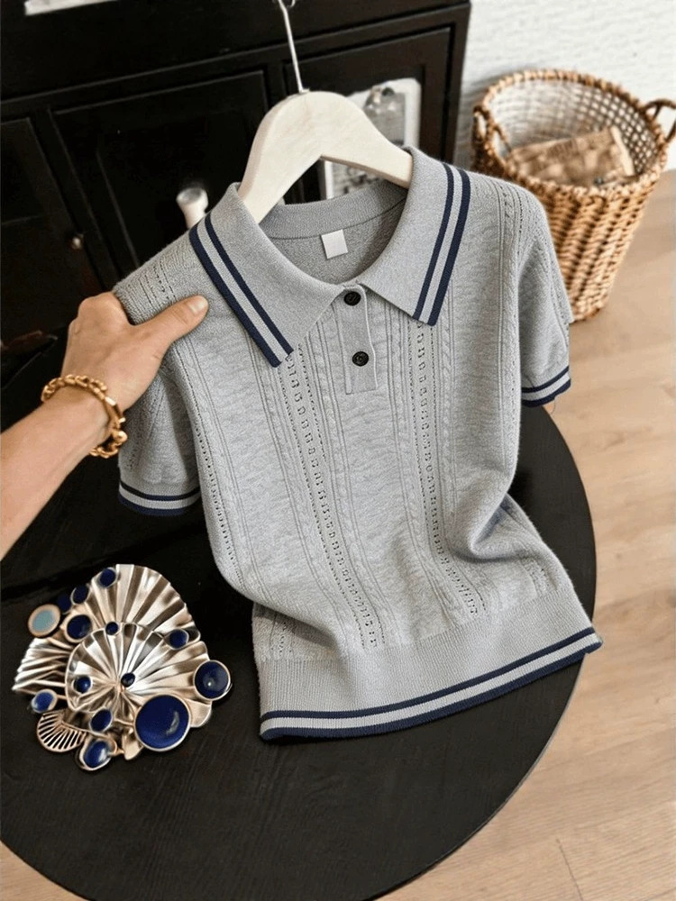 Áo thun nữ cổ polo phối màu tay ngắn phong cách Hàn Quốc — trắng