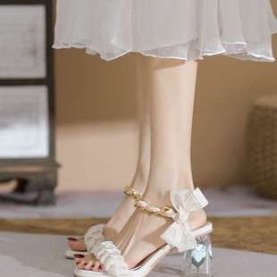Korean Style Bow Sandals for Women 2025 Summer New Apricot Fairy with Skirt Transparent Heel French High Heels