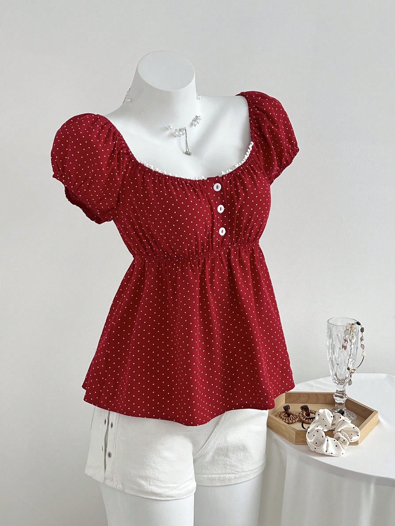 Women's Summer Elegant French Style Waist Cinching Short Sleeve Square Neck Polka Dot Shirt_ecoleips.com