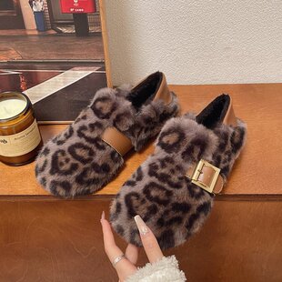 Leopard print fur shoes women's casual fashion comfortable bean shoes 2024 autumn and winter new flat fleece-lined warm cotton shoes