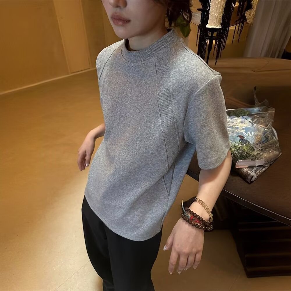 Camiseta gris pesada de costura de hilo masculina de verano boxy estilo americano de manga corta hombro 2026 nueva media manga