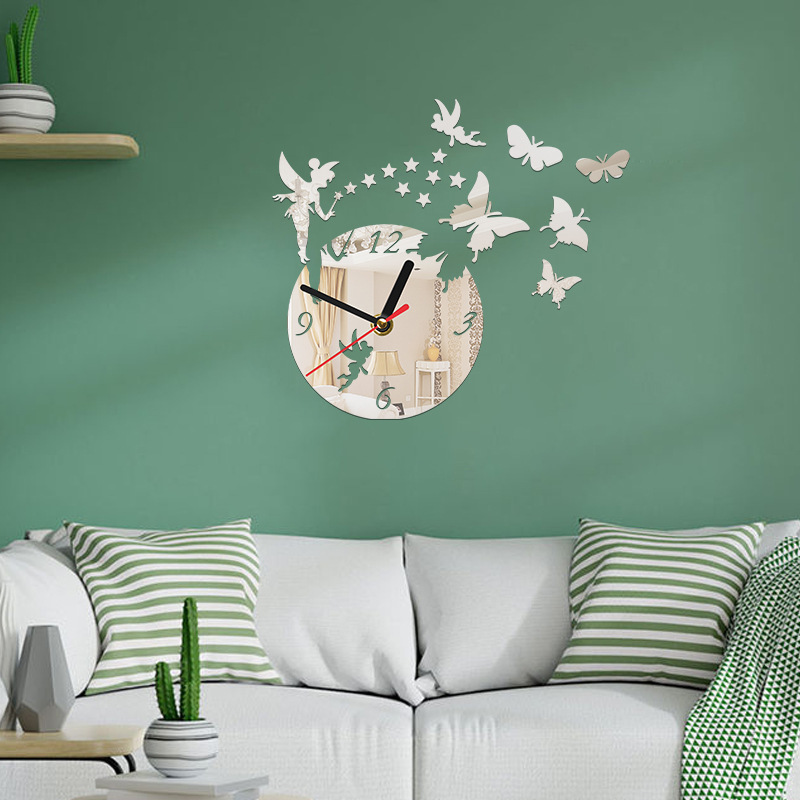 Akrilik Kendin Yap Sessiz Saat Peri Kelebek Ayna Sticker Yaratıcı Duvar Dekorasyonu Saat_voghion.com