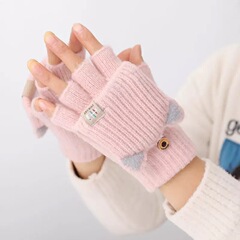 露指翻盖手套女冬季保暖学生儿童可爱针织毛线半指可触屏冬天卡通