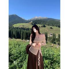 温柔风甜美气质套装一字肩开叉格纹长袖蕾丝衫女早秋休闲裤两件套