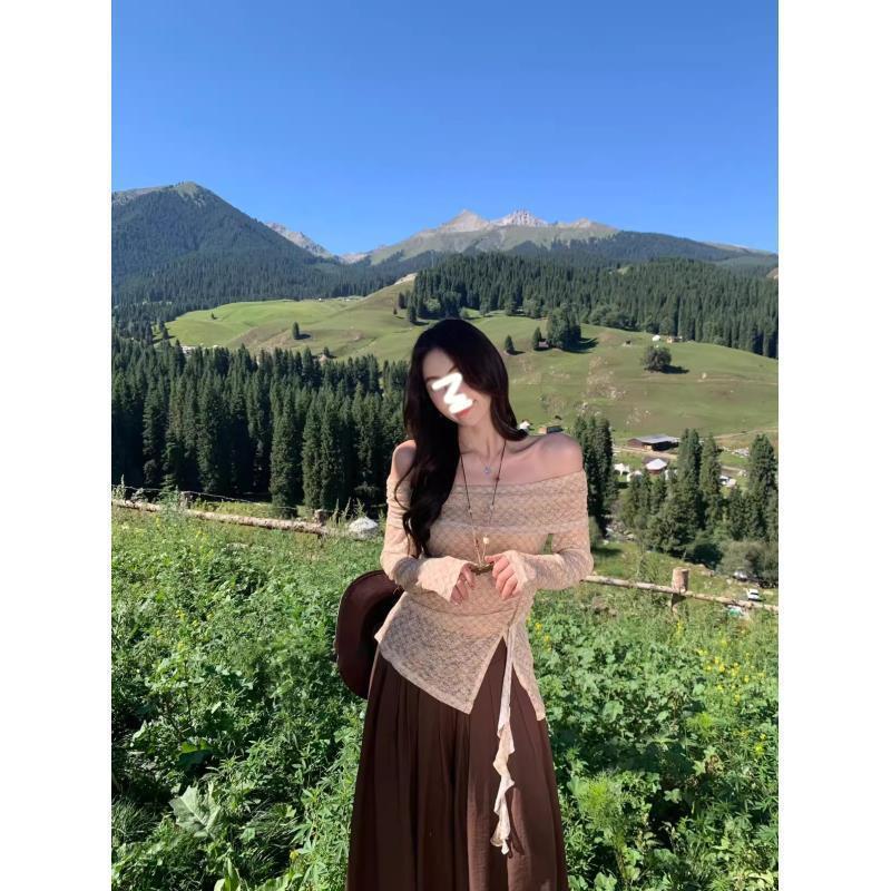 温柔风甜美气质套装一字肩开叉格纹长袖蕾丝衫女早秋休闲裤两件套|undefined