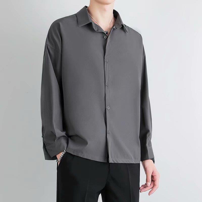 Summer Ice Silk Black Shirt for Men with Drapey Long Sleeves and No Ironing Loose Casual Handsome Gray Shirt for Boys Summer Ice Silk Black Shirt for Men with Drapey Long Sleeves and No Ironing Loose Casual Handsome Gray Shirt for Boys