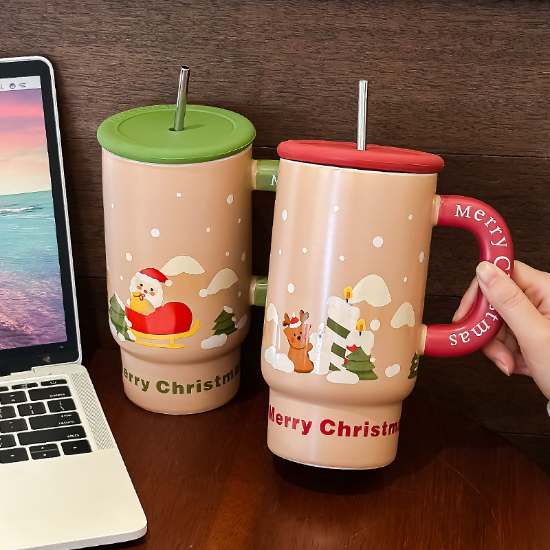 Regalos de Navidad de gran capacidad de tazas de cerámica tazas creativas lindas tazas de paja tazas de pareja regalos de mano para niños image 1