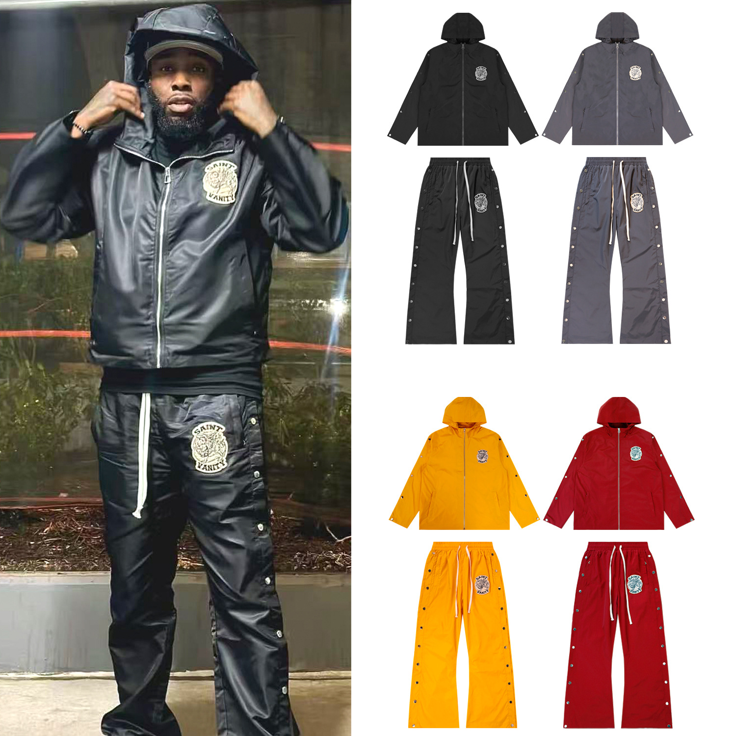 Cross-Border Real Shot Saint Letter Embroidered Sports Casual Windbreaker Jacket Buttoned Webbing Pants Jacket Suit for Men
