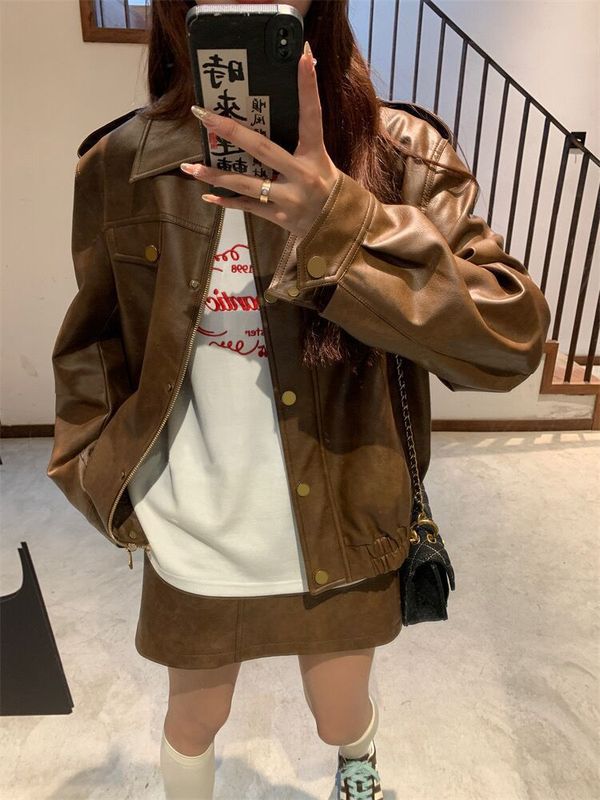美式皮衣外套女短款2025春秋不裂皮百搭宽松机车皮夹克洋气直销|undefined