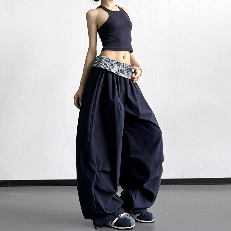 2026 Spring New American Style Plaid Patchwork Pleated Paratrooper Pants for Women Unique Jazz Dance Wide-Leg Pants 2026 Spring New American Style Plaid Patchwork Pleated Paratrooper Pants for Women Unique Jazz Dance Wide-Leg Pants