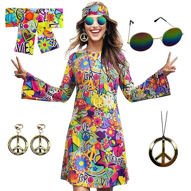 Cross-Border Halloween 70S Hippie Disco Costume Gogo Dress Headscarf + Dress Two-Piece Set