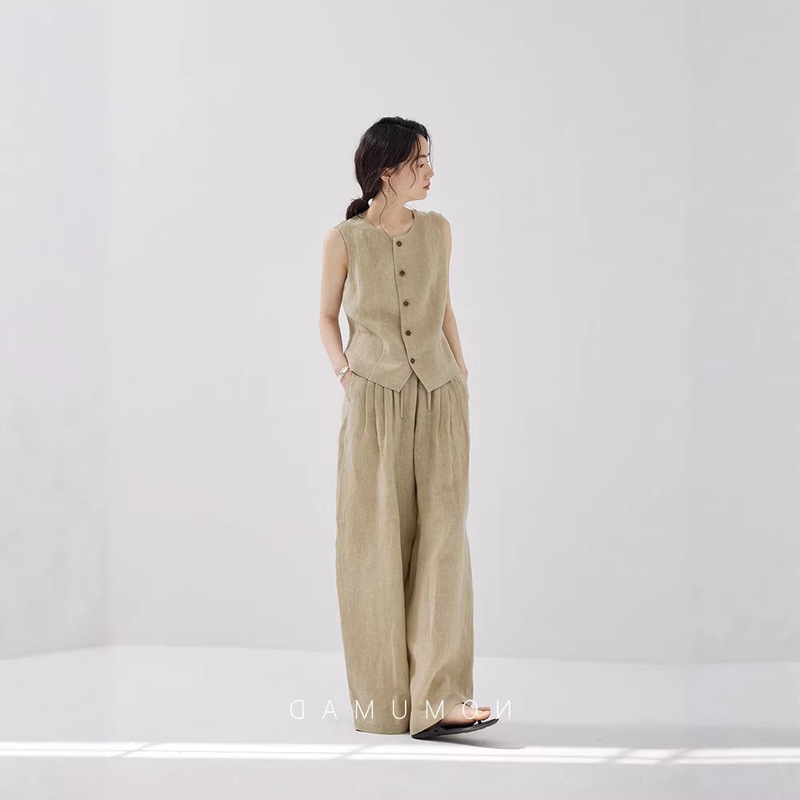 2026 Spring and Summer New Style 100% Linen Straight Pants Vest Top Wide-Leg Pants Suit Casual Pants Vacation Style