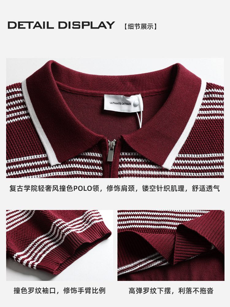 Hombres de alto nivel con cremallera con collar de hielo polo camisa de verano de punto de manga corta de negocios casuales chaqueta a rayas de hombre