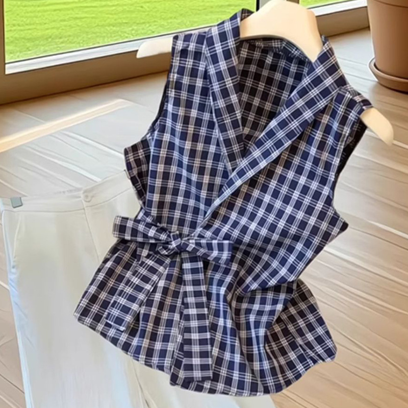 French-Style Light Luxury High-End Unique Beautiful Top Moroccan Fish Pattern Blue Plaid Sleeveless Waist-Cinching Shirt for Women Summer