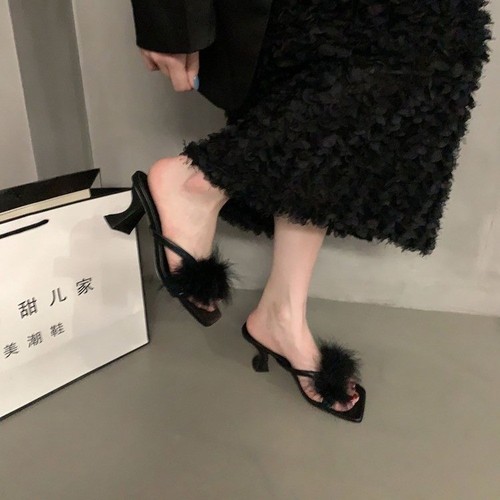 French-style niche high heels fur slippers for women, wearable 2024 new summer fairy wind toe sandals black cool slippers