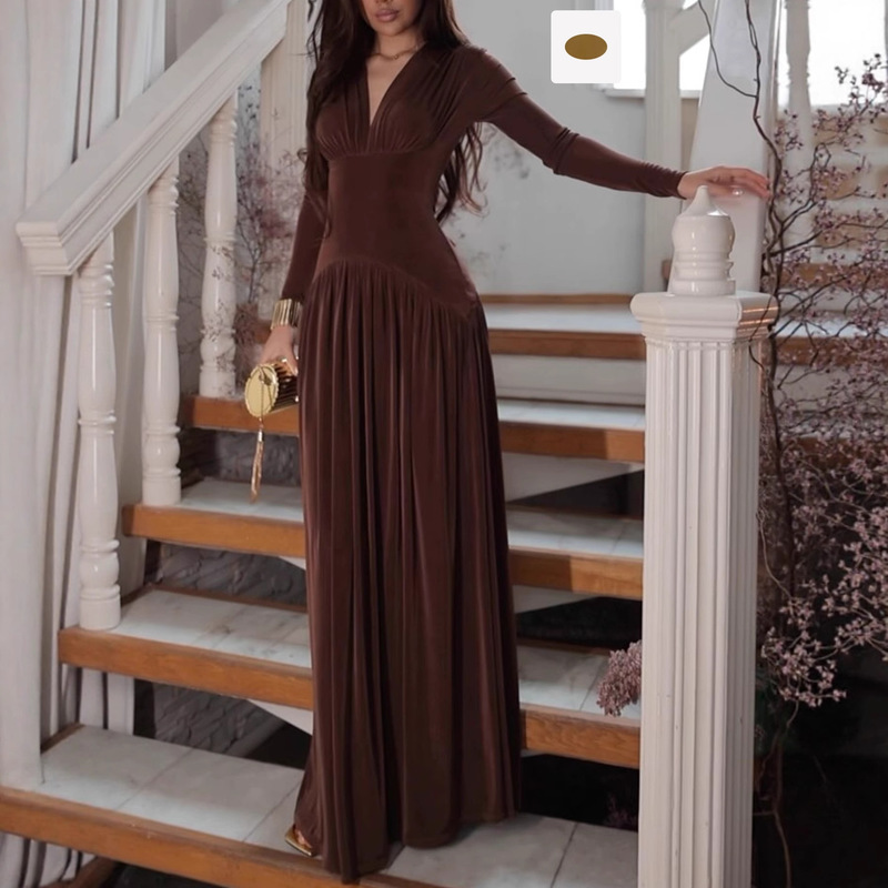 Cross-Border European and American Export Women's Clothing, New Winter Elegant Waist-Cinching Long-Sleeved Long Skirt, Fashionable Glossy Velvet Dress