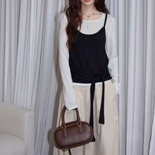 吵吵 韩系慵懒松弛感上衣女早秋长袖T恤气质针织衫两件套打底衫