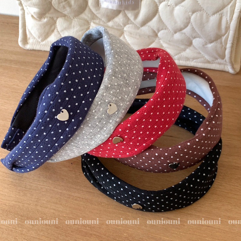 Sweet Versatile Knitted Polka Dot Fabric Headband with Heart Pendant High Crown Headband Korean Dongdaemun New Hair Accessory