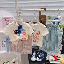 夏季新款印花短袖套装女童洋气格子长裤中小童两件套甜美儿童套装