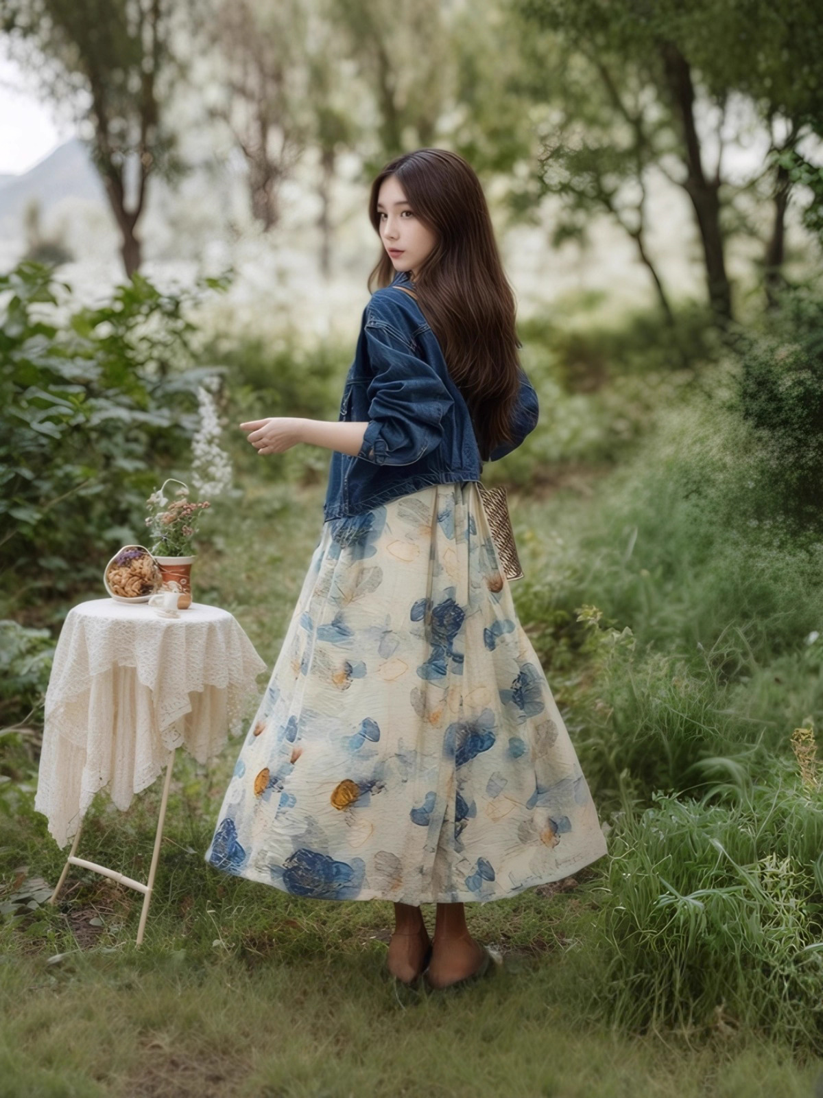 Bộ đồ hai mảnh áo khoác denim và váy hoa mùa hè — áo khoác denim