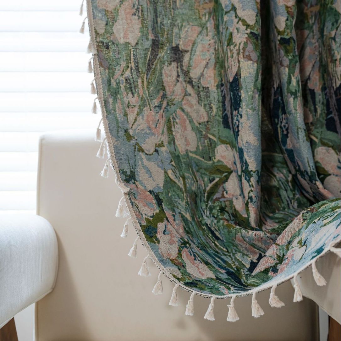 Imanqi Rhyme Curtain Green Flower Jacquard Tassel Curtain Towel Finished Kitchen Curtain Floating Window Semi-Shaded Factory Straight
