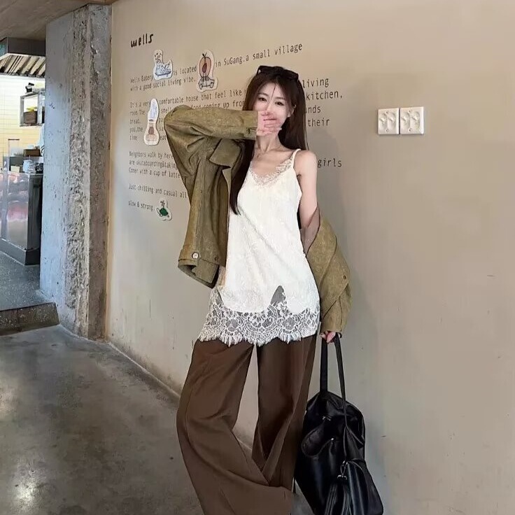 Quirky Girl French Gentle Style Milk Apricot Lace Patchwork Camisole Women's Pure Desire Slimming Mid-Length Top